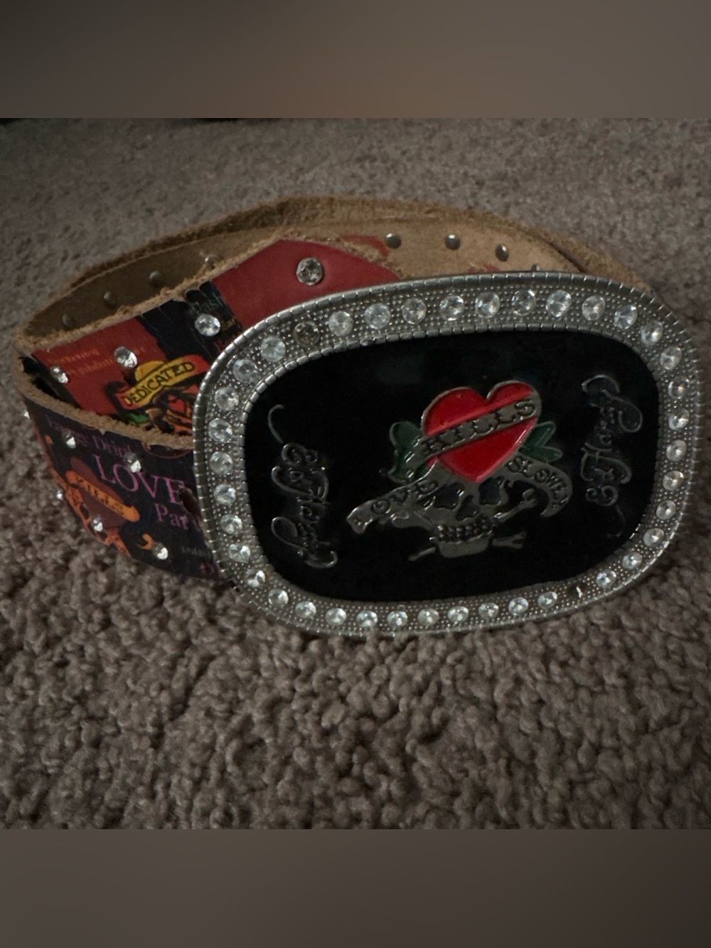 Vintage Y2K Ed Hardy Large Black Rhinestone Belt with Red Accent